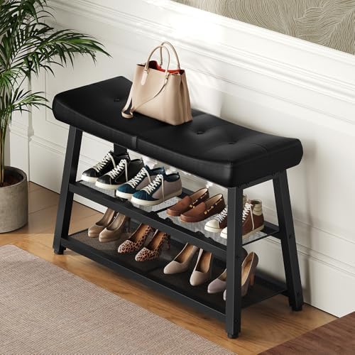 YATINEY Shoe Bench, 3-Tier Shoe Rack, Entryway Bench with Storage and Cushion...