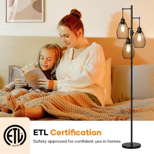 Dimmable Floor Lamp, 3 x 800LM LED Edison Bulbs Included, Farmhouse Industria...