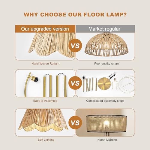 Oneach Arc Floor Lamp for Living Room,Rattan Boho Floor Lamp Decor with Hand-...