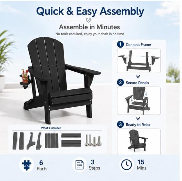 Folding Adirondack Chairs Set of 6 with Cup Holders, Heavy Duty HDPE Plastic ...