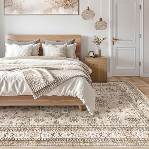cotiled 6x9 Area Rug for Living Room, Washable, Traditional, Beige