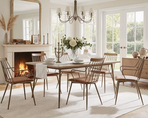 HNY Mid Century Modern Dining Chairs Set of 6, Brown Faux Leather Armchairs