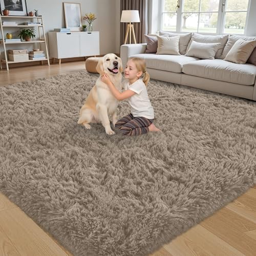 8x10 Area Rug for Living Room,Grey Camel Fluffy Shag Non-Slip Bedroom Rugs