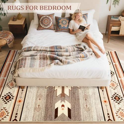 BENRON Western Area Rugs for Living Room Bedroom 5x7, Washable, Warm Beige