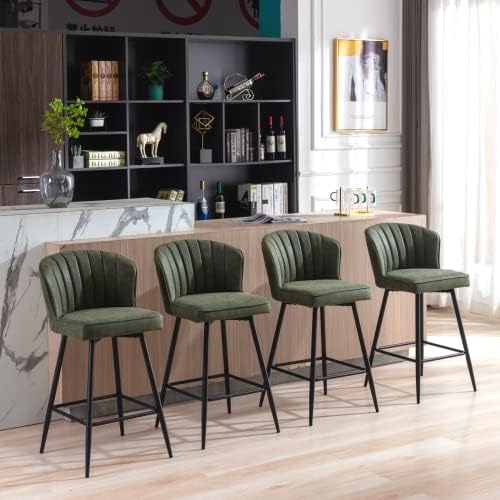 Green Leather Bar Stools Set of 2 Mid Century Modern Counter Stools 26 Inch C...