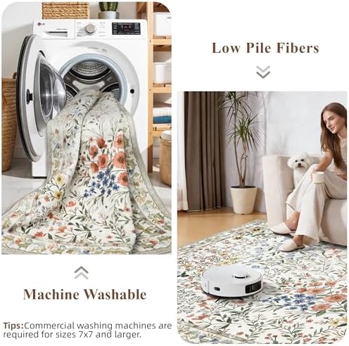 5x5 Living Room Area Rug Washable: Floral Non-Slip Mats for Indoor Floor Entr...