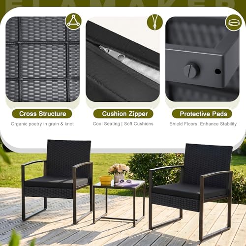 Flamaker 3 Pieces Patio Furniture Set Outdoor Wicker Bistro Chair (Black)