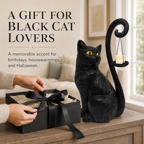 Black Cat Candle Holder Statue Halloween Decor Gothic Cat Lamp Decoration
