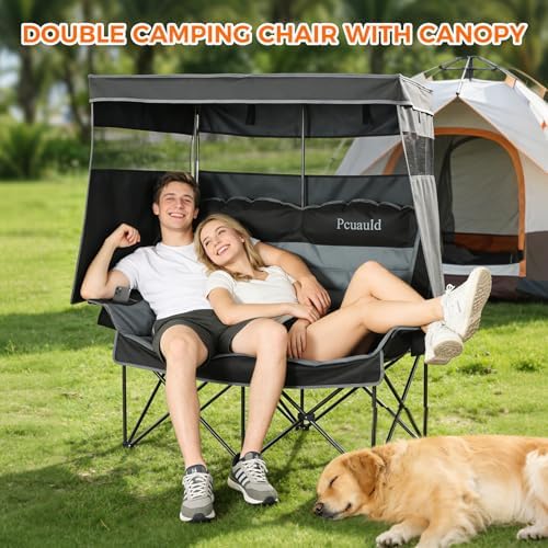 Double Camping Chair with Canopy Heavy Duty 2 Person Folding Loveseat Beach C...