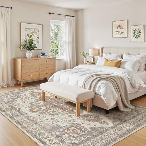 Vintage Washable 9x12 Area Rug for Living Room, Golden Taupe