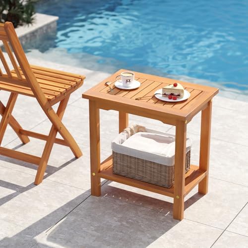 Tangkula Outdoor Side Table, 2-Tier Patio End Table with Slatted Tabletop &am...