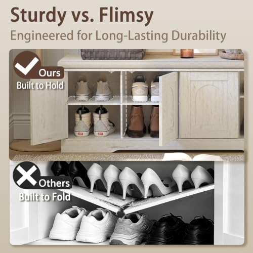 DINZI LVJ Shoe Storage Bench with Cushion, Door, Rustic White 47.2"LX17....