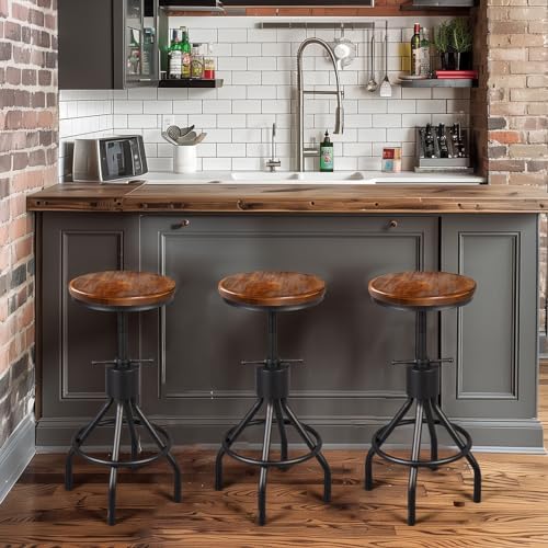 LOKKHAN Set of 2 Industrial Bar Stool-Height Adjustable Swivel Wood and Metal...