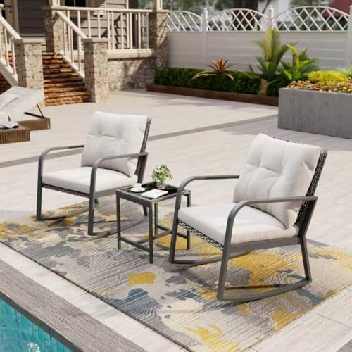 Bistro 3 Piece Patio Furniture Set, Patio Table and Rattan Outdoor Rocking Ch...