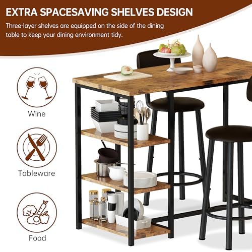 Recaceik Pub Dining Table Set for 2, Table and Bar Stools with 3 Storage Shel...