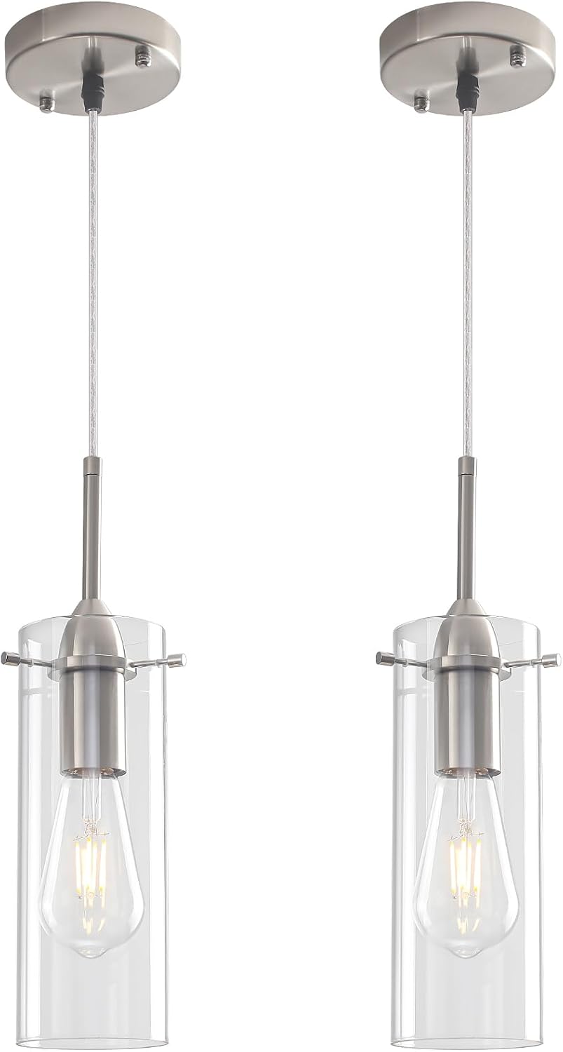 Glass Pendant Lights Kitchen Island 2 Packs, Brushed Nickel Pendant Light, Mo...