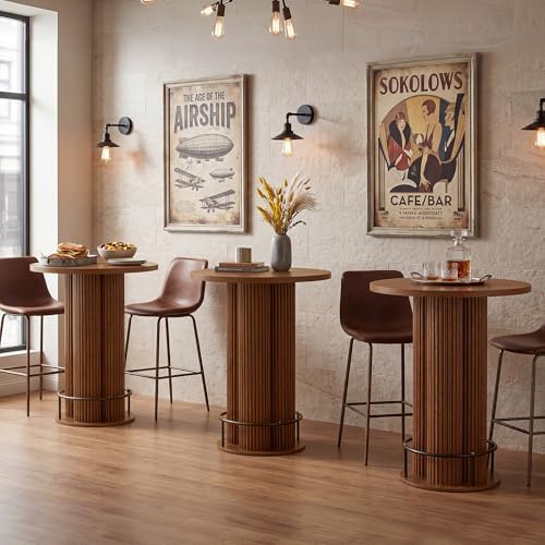 Round Bar Table 39.37" H Wood Fluted Bistro Pub Table (Walnut)