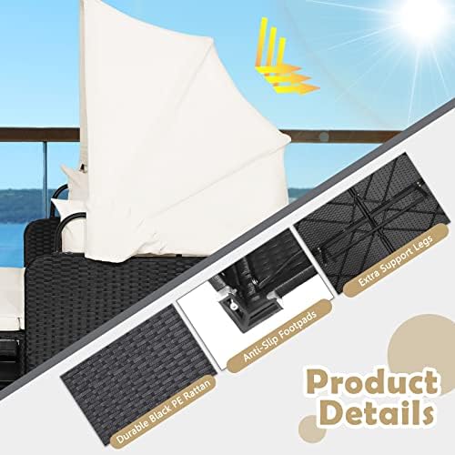 Tangkula Patio Rattan Daybed with Retractable Canopy, Outdoor Wicker Sunbed L...