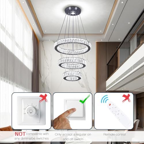 Modern 3-Ring Crystal LED Chandelier, 15.6" Pendant Light Fixture, 52W