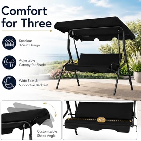 Garvee 3 Seat Outdoor Porch Swing with Adjustable Canopy, Patio Swing Chair w...