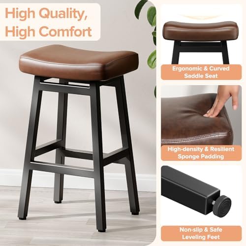 Raynesys 29 Inche Bonded Leather Counter Height Bar Stools Set of 2 Curved