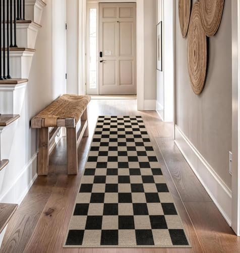 Rugalia Easy Jute Checkered Runner Rug, 2.6x8 Black Modern Washable Rugs Runn...