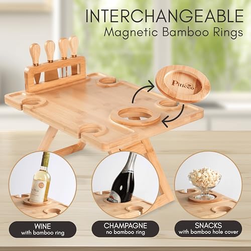 Charcuterie Picnic Table with Wine Glass Holder, Portable Wine & Cheese B...
