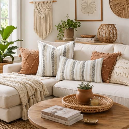Zealax Modern Farmhouse Decorative Pillow Covers 20x20 Inch Boho Throw Pillow...