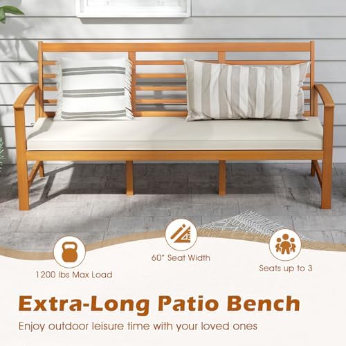RELAX4LIFE 64’’ Outdoor Bench Acacia Wood - 3-Seat Patio Bench w/Slatted Back...