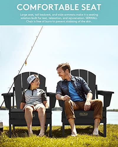 SERWALL Folding Adirondack Chair with Cup Holder Set of 2, Fire Pit - Black