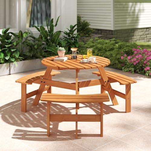 Tangkula 6-Person Wood Picnic Table, Outdoor Round Table and Bench Set with 3...