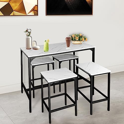 T-VALY 5-Piece Bar Table Set with 4 Stools, Black&White