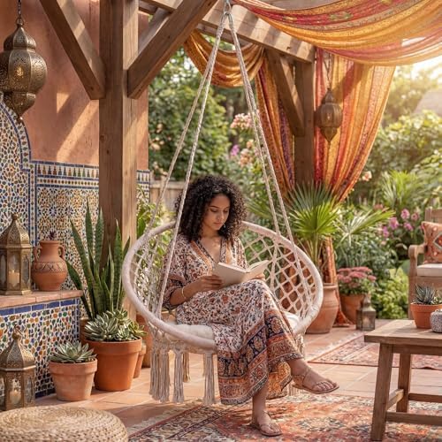 Giantex Hammock Chair Macrame Swing, Boho Swing Chair with Round Seat Cushion...