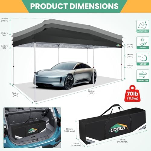 COBIZI 10x20 Pop Up Canopy Tent with One Push, 6 Removable Sidewalls