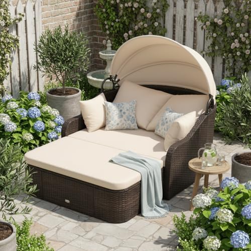 Tangkula PE Rattan Patio Daybed with Retractable Canopy, Double Lounge Bed wi...