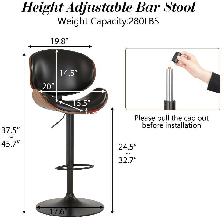 KCC Bar Stools for Kitchen Swivel Bentwood Barstools,Set of 2,Black PU