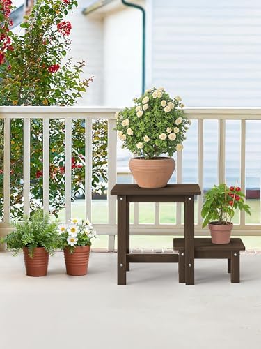 LUE BONA Outdoor Side Table,2-Tier Nesting HDPS Patio Side Table,Dark Brown