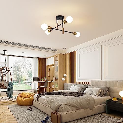 Garwarm Black and Gold Sputnik Chandelier, 4-Light Semi Flush Ceiling Light