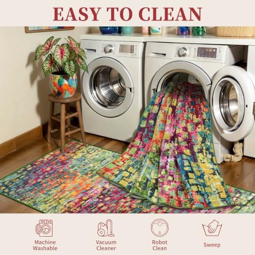 Colorful Abstract 4x6 Washable Rug, Modern Non Slip Rugs for LIving Room