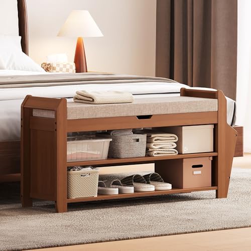 PETKABOO 31.5" Bamboo Shoe Rack Bench with Storage, 3-Tier Entryway Benc...