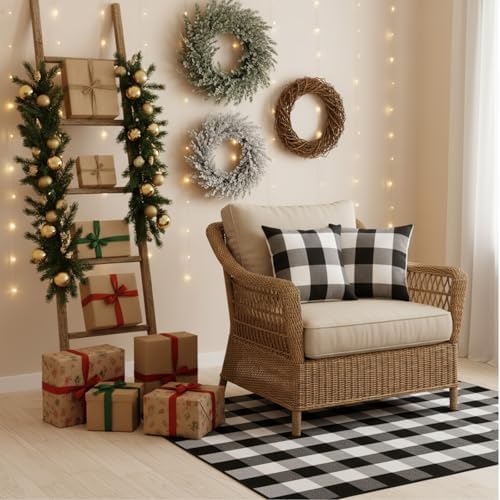 5 Pcs Buffalo Plaid Set 4 Pillow Covers 1 Rug,Black and White
