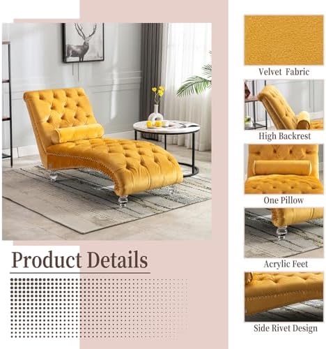 Chaise Lounge Chair Indoor Mustard Velvet Upholstered Button Tufted Chaise Lo...