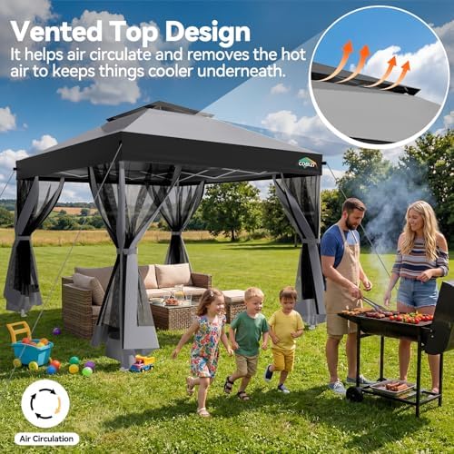 COBIZI 10x10 Pop up Gazebo, One-Push Setup Canopy Tent(Light Gray & Gray)