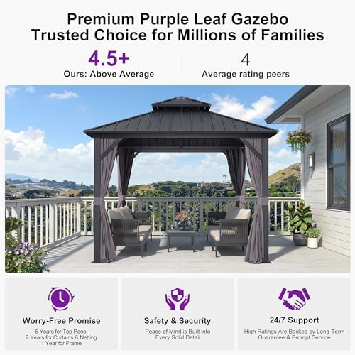PURPLE LEAF Patio Hardtop Gazebo 10' x 10' Aluminum with Double Roof,...