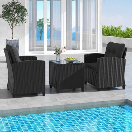 RELAX4LIFE 3-Piece Patio Furniture Set - Wicker Rattan Bistro Sofa Set with G...