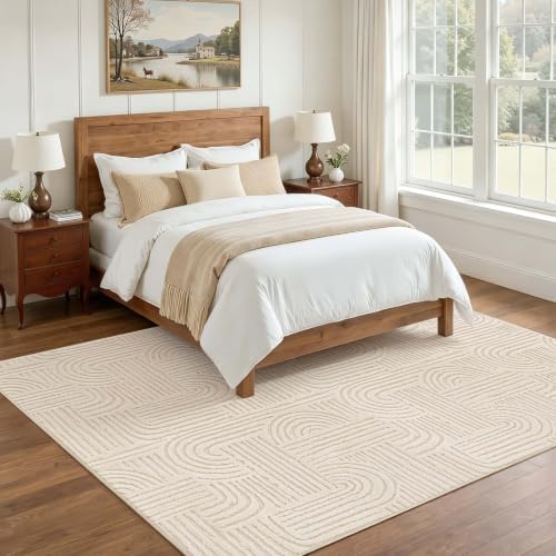 Etwel 5x7 Beige Modern Geometric Textured High-Low Pile Washable Area Rug
