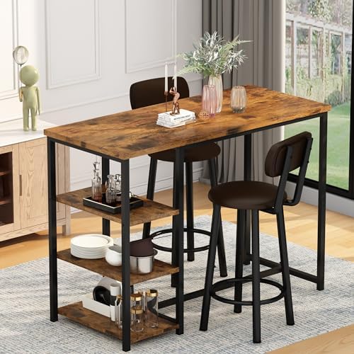 Kitchen Dining Table Set for 2, Bar Table and Chairs Set with 3 Storage Shelv...