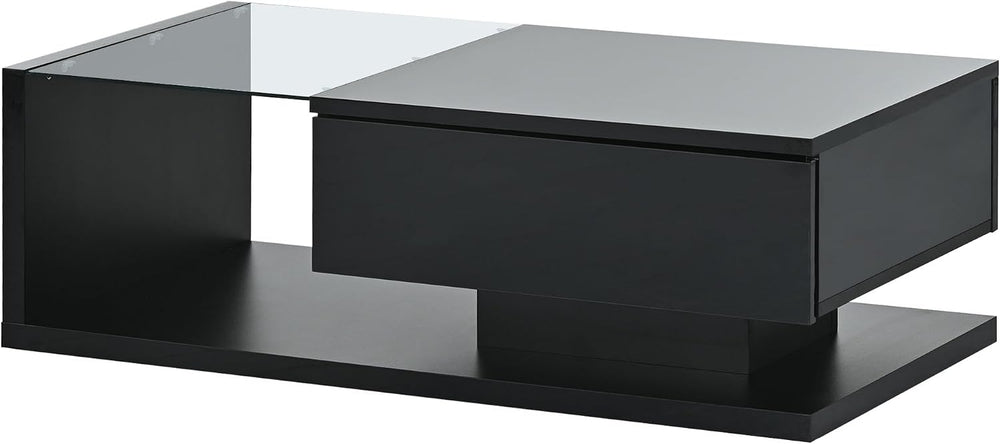 Modern Coffee Table with Tempered Glass, Wooden Cocktail Table with High-Glos...