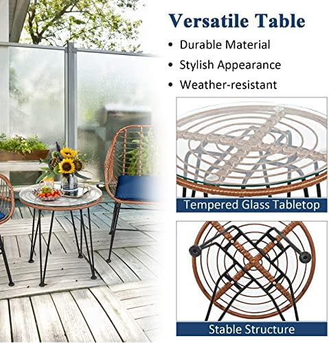 Tangkula 3 Pieces Patio Conversation Bistro Set, Outdoor Wicker Furniture w/R...