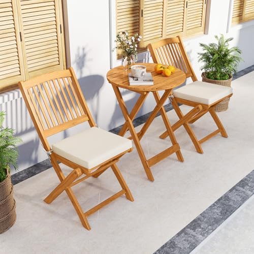 Tangkula 3 Pieces Acacia Wood Patio Folding Bistro Set, Outdoor Table and Cha...